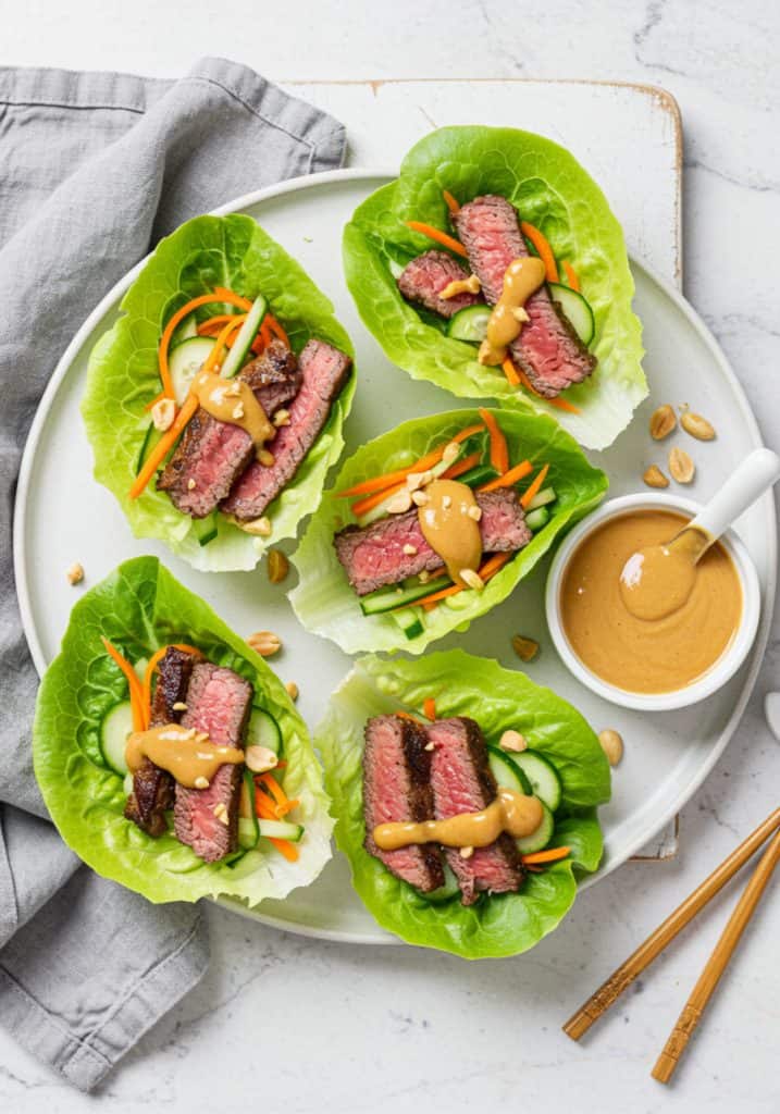 Steak Lettuce Wraps with Peanut Sauce